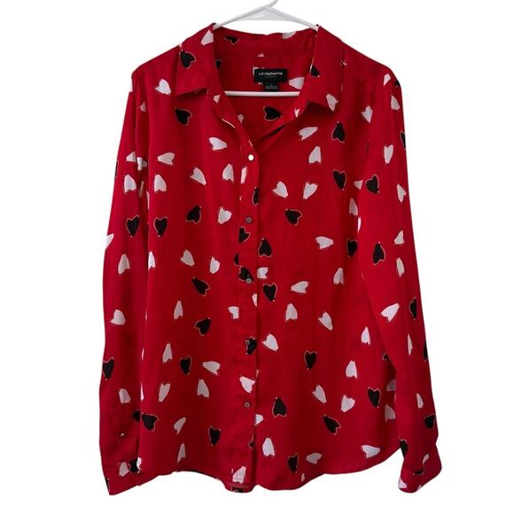 Liz Claiborne Large Red Black White Heart Print Semi-Sheer Button Front Blouse - Picture 1 of 3